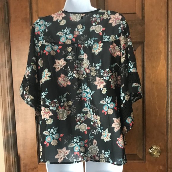 Zac & Rachel Black w/Colorful Flowers Pullover Blouse w/Butterfly Sleeves Large - Picture 10 of 15